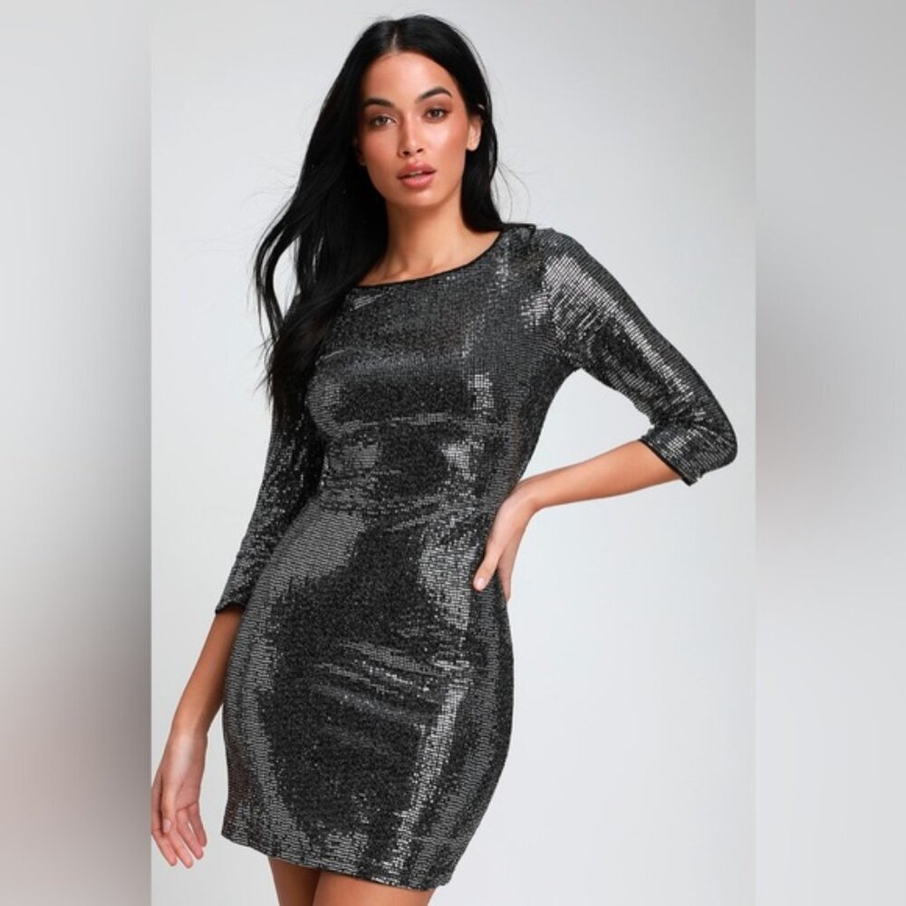NWT LULUS JOLIE Sequin 3/4 Sleeve Lined Bodycon SEXY Mini Dress‎ Style DF2849 M